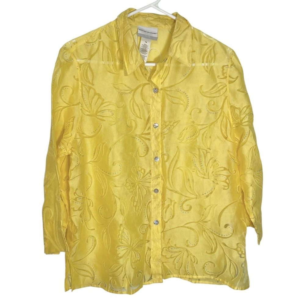 Alfred Dunner PM Yellow Button Down Shirt Floral Burnout Glitter Cottagecore